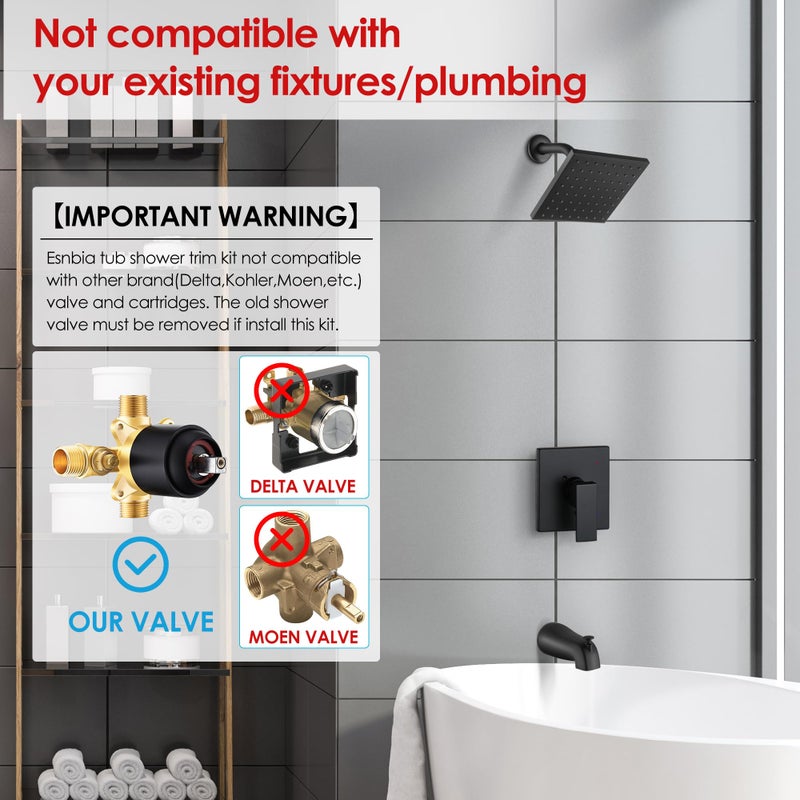 Esnbia Tub Shower Faucet Set (Valve Included) with 6-Inch Rain Shower Head and Tub Spout, Black Shower Head and Handle Setï¼ŒSingle-Handle Tub and Shower Trim Kit, Matte Black - Image 2